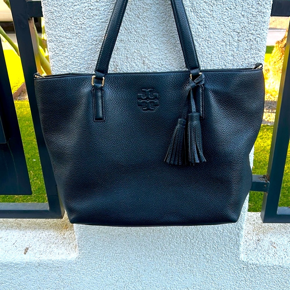 Tory Burch Black Leather Tote with Tassel Detail